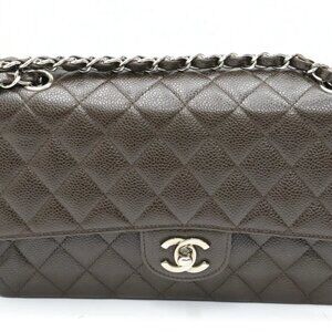Chanel Caviar Quilted Medium Double Flap Brown Bag Silver Hardware